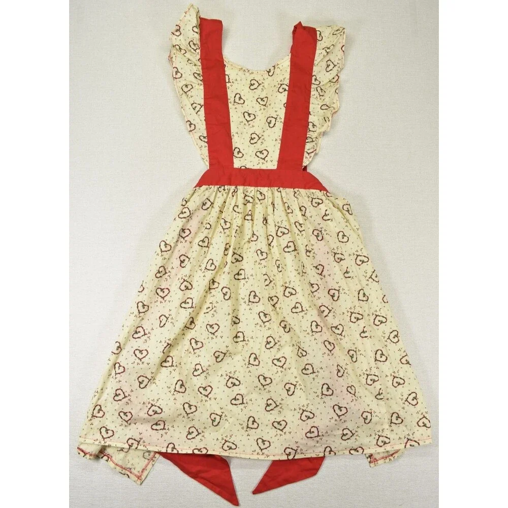 VTG Handmade Ruffle Pinafore Apron Cream Red Hearts Cottagecore Retro Kitchen